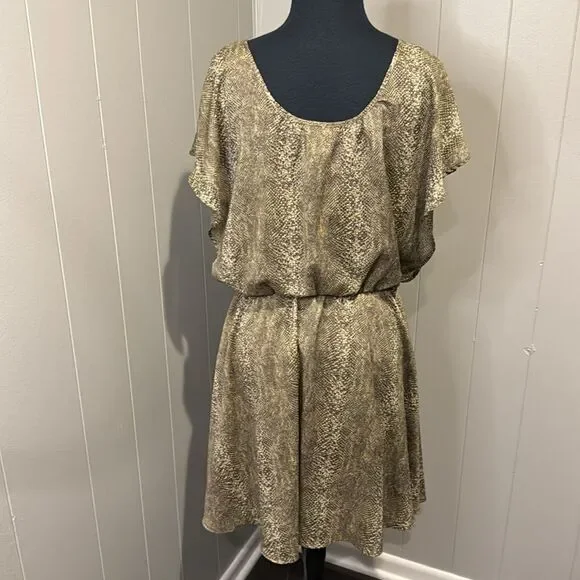 Bar III Dress Women Brown Shades Snake Skin Print Elastic Waist Mini Fit Flare - Picture 4 of 9